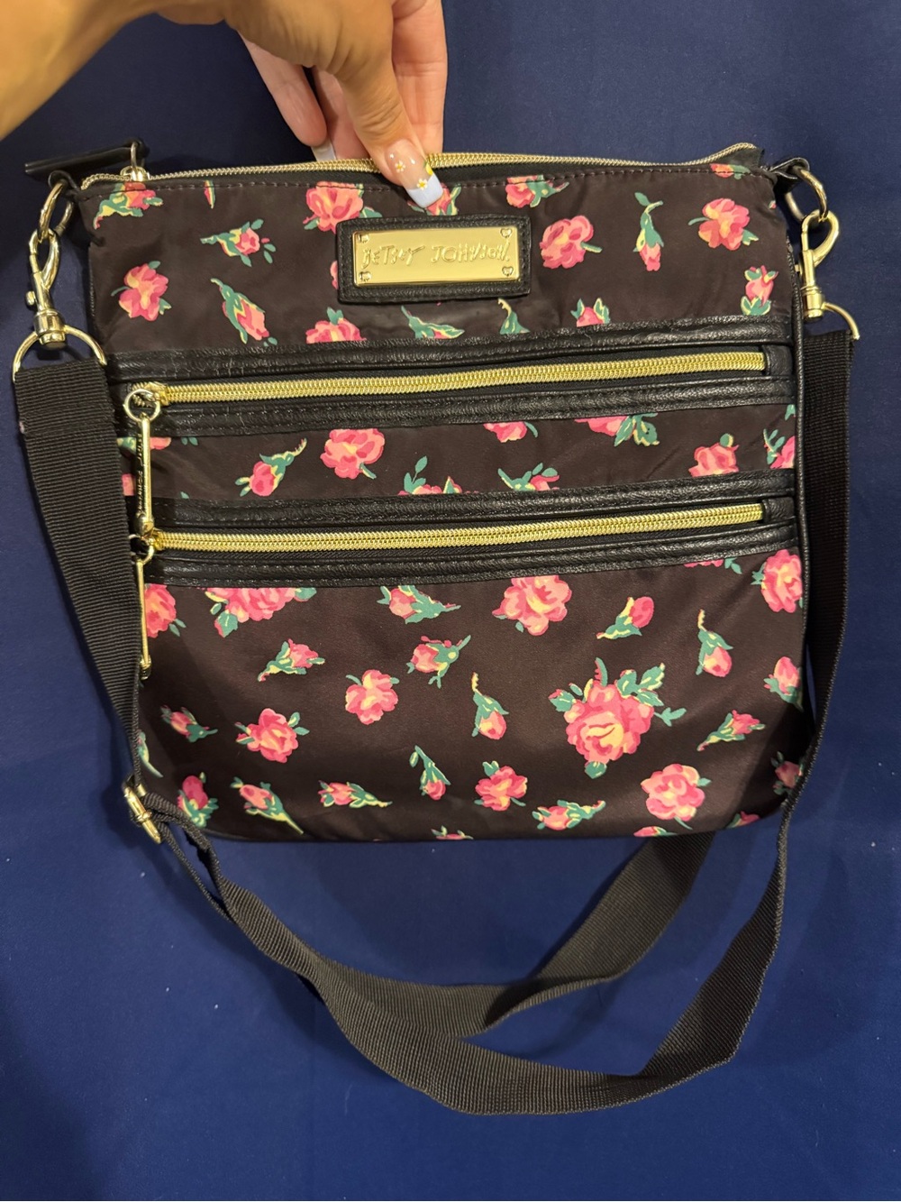 Betsey Johnson Black Floral Crossbody with Pink Roses